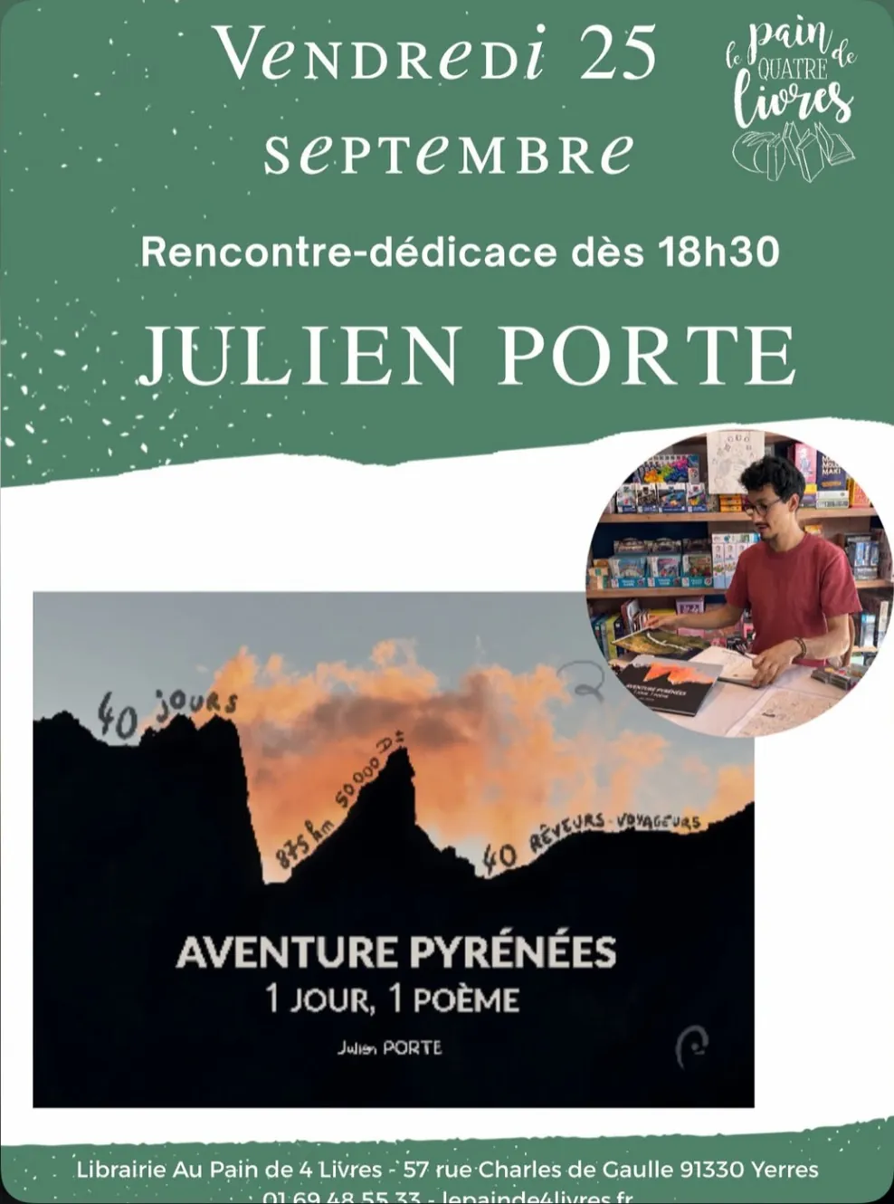 Poster for the book signing on Friday 25 September at the Au Pain de 4 Livres bookshop, Yerres