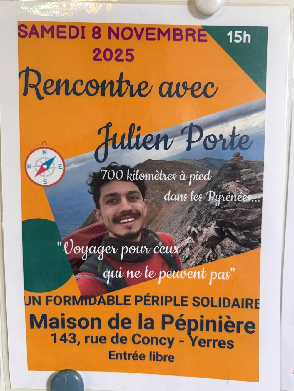 Poster: meeting with Julien Porte on Saturday 8 November 2025 at 3 pm, Maison de la Pépinière, Yerres