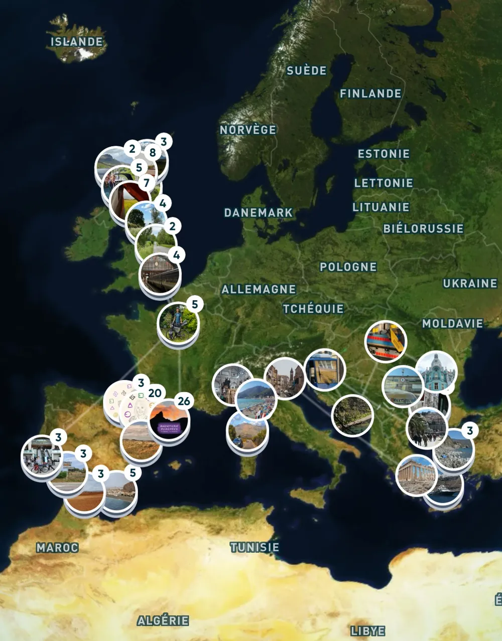 Map of Europe on Polarsteps, with photos of Julien’s journeys grouped by place