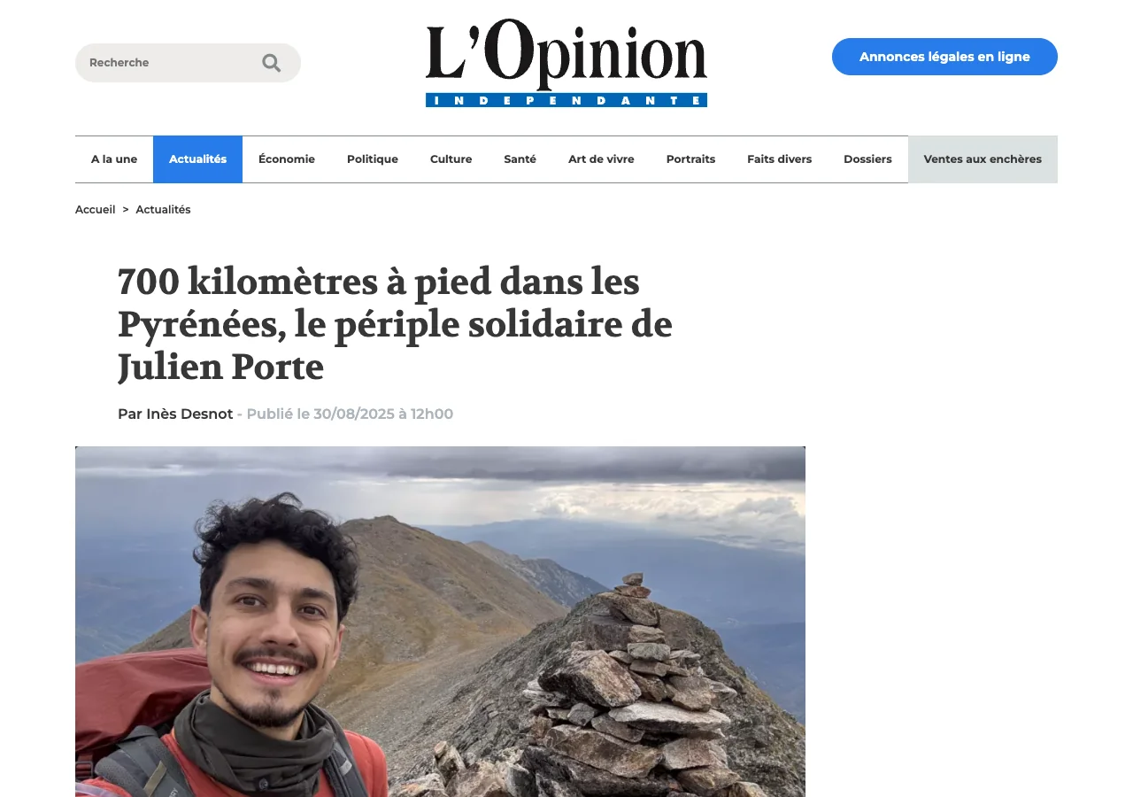 Preview of the L’Opinion Indépendante article: Julien Porte on a Pyrenean ridge