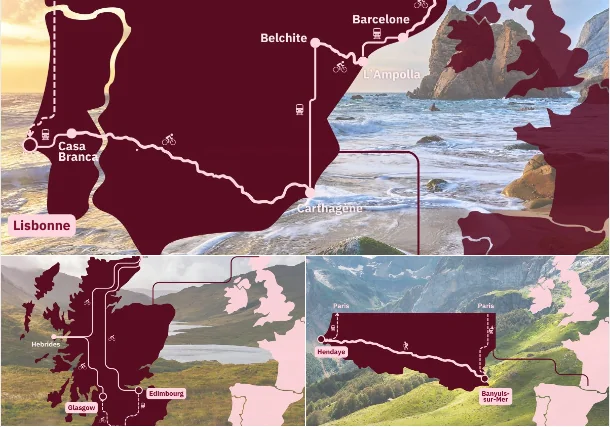 Preview of the Mollow post: maps of the three routes, Portugal, Scotland and the Pyrenees