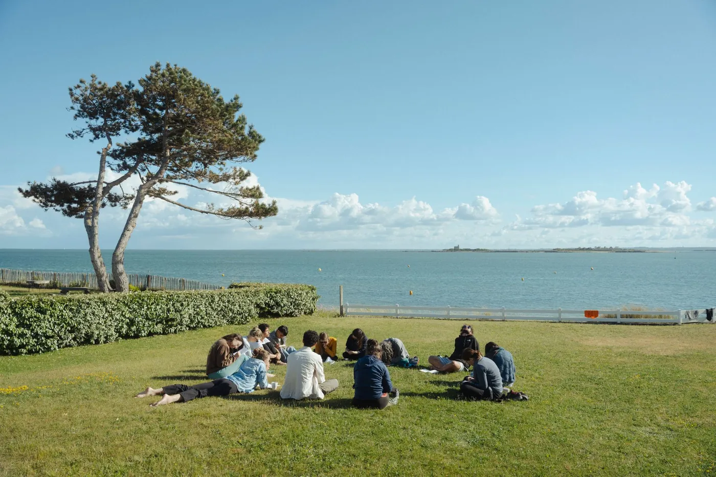 Participants writing in a circle on the lawn by the sea