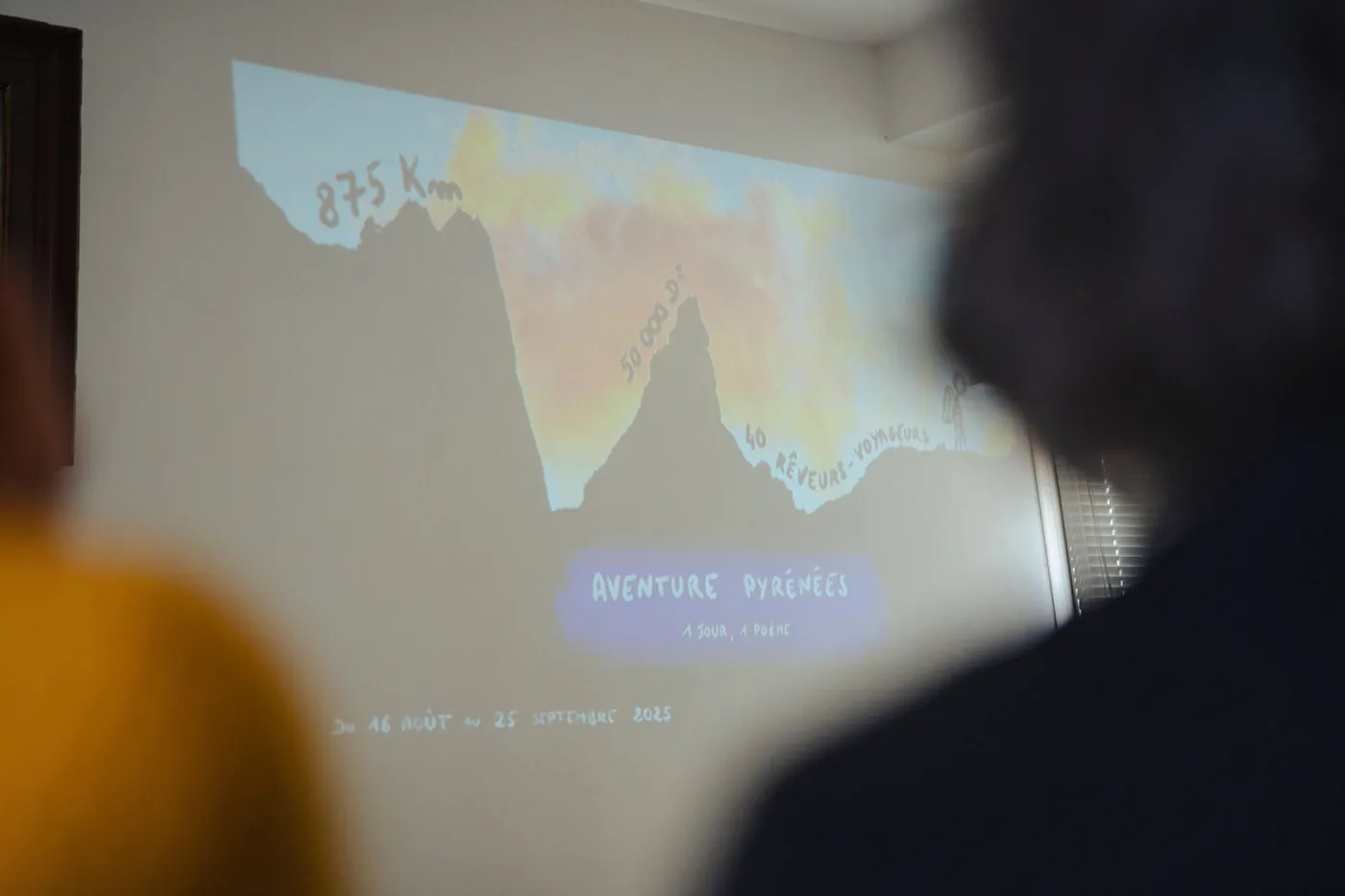 The Pyrenees Adventure projected on the living-room wall, in front of the participants